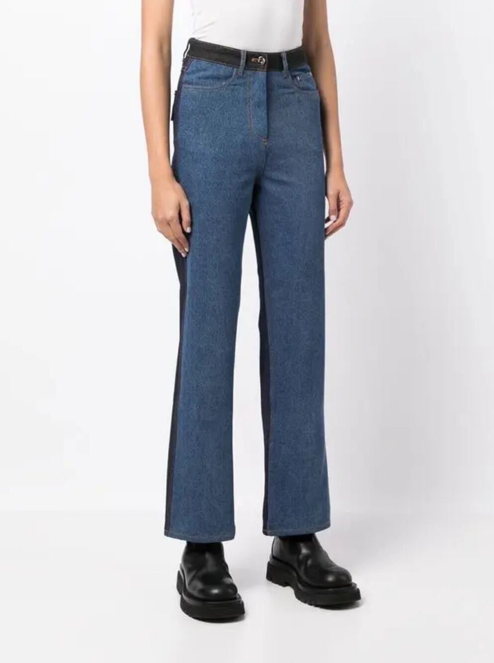 ROKH Designer Constrast Stitch Panel Two-Tone Straight Leg Jeans US 0 FR 34